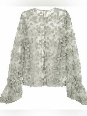 H&M Sheer Floral Lace Long-Sleeve Blouse in Light Sage- dusty green
